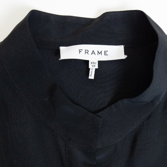 FRAME Silk Blouse Black Flounce Short Sleeve Top Button Up XS - Picture 5 of 14